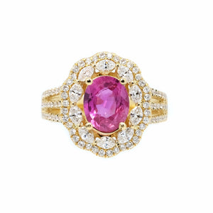 Scalloped Pink Sapphire & Marquise Diamond Halo Ring
