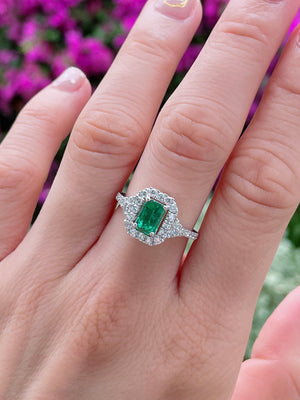 Petite Emerald Cut Emerald & Diamond Halo Ring