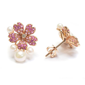Pink Sapphire Sakura Cherry Blossom Akoya Pearl Earrings