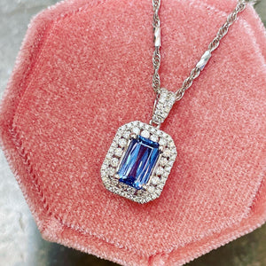 Pastel Blue Emerald Cut Sapphire & Diamond Halo Pendant