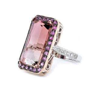 Two Tone Bi-color Tourmaline Pink Sapphire Halo & Diamond Ring - Johnny Jewelry