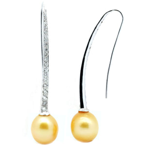 Long Wire Pave Diamond Golden South Sea Pearl Earrings - Johnny Jewelry