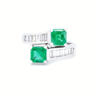 Emerald Cut Emerald & Baguette Diamond Bypass Ring
