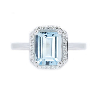 Emerald Cut Aquamarine & Pave Diamond Halo Ring