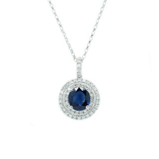 Double Halo Round Sapphire & Diamond Pendant