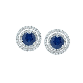 Double Halo Round Sapphire & Diamond Earrings