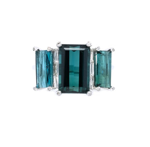Trilogy Bluish Green Tourmaline & Baguette Diamond Ring