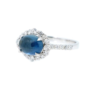 East-West Cabochon Sapphire & Diamond Halo Ring
