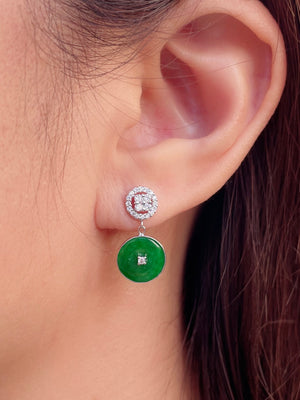 Jade Button & Diamond Drop Earrings