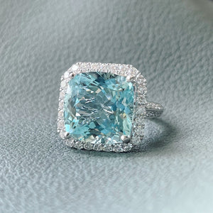 Diva Cushion Aquamarine & Diamond Halo Ring