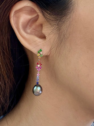 Gardenia Rainbow Sapphire & Tahitian Black Pearl Earrings
