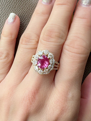 Scalloped Pink Sapphire & Marquise Diamond Halo Ring