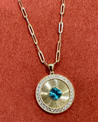 Sunray Apatite & Diamond Disc Pendant