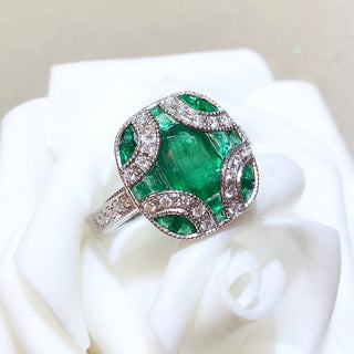 Cushion Emerald Cluster & Diamond Ring