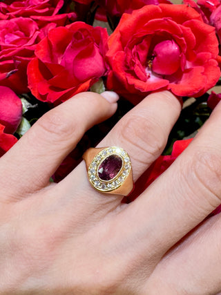 Burgundy Sapphire Diamond Halo Signet Ring