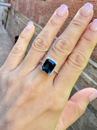 Emerald Cut London Blue Topaz & Diamond Halo Ring