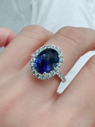 Checkerboard Cut Sapphire & Diamond Halo Ring