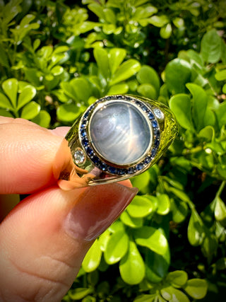 Mens Blue Gray Star Sapphire Signet Ring