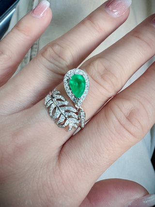 Diamond Feather Emerald Drop Ring