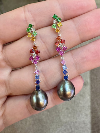 Gardenia Rainbow Sapphire & Tahitian Black Pearl Earrings