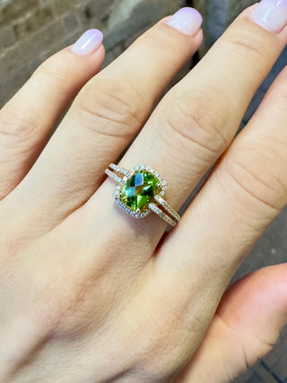 Cushion Peridot Diamond Halo Dual Band Ring