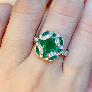 Cushion Emerald Cluster & Diamond Ring