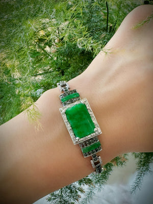 Art Deco Jade & Black, White Diamond Bracelet