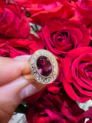 Burgundy Sapphire Diamond Halo Signet Ring