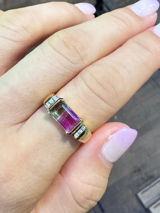 East West Watermelon Tourmaline & Diamond Ring - Johnny Jewelry