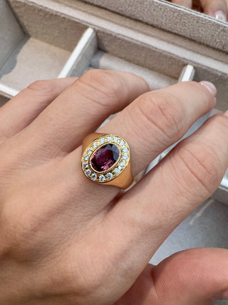 Burgundy Sapphire Diamond Halo Signet Ring