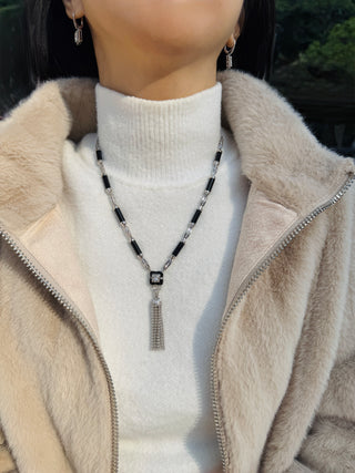 Art Deco Onyx & Diamond Tassel Pendant Necklace