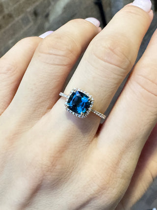 Petite Cushion London Blue Topaz Halo Ring