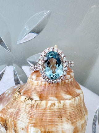 Oval Aquamarine & Micro Pave Diamond Halo Ring - Johnny Jewelry