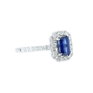 Petite Emerald Cut Sapphire & Diamond Halo Ring