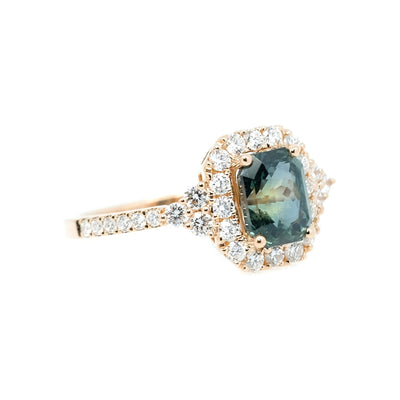 Peacock Teal Sapphire & Diamond Halo Ring - Johnny Jewelry