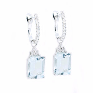 Emerald Cut Aquamarine Drop & Diamond Hoop Earrings