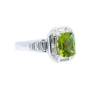 Art Deco Inspired Cushion Peridot & Diamond Halo Ring