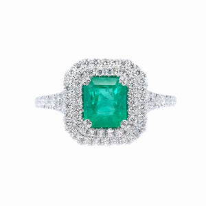 Emerald Cut Emerald & Double Halo Ring