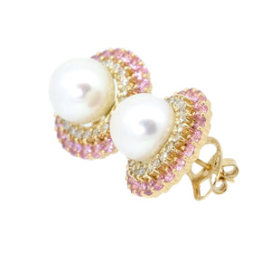 Blossom Pink Sapphire and Diamond Halo Pearl Earrings