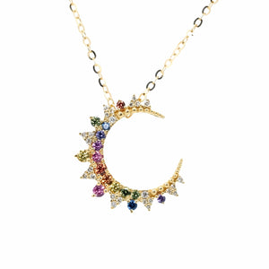 Rainbow Sapphire and Diamond Crescent Moon Necklace