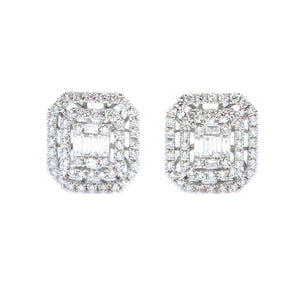 Art Deco Double Halo Illusion Set Emerald Cut Diamond Earrings