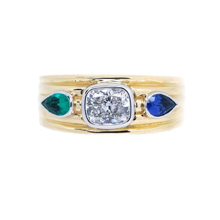 Trilogy Cushion Diamond, Emerald & Sapphire Signet Ring