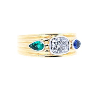 Trilogy Cushion Diamond, Emerald & Sapphire Signet Ring