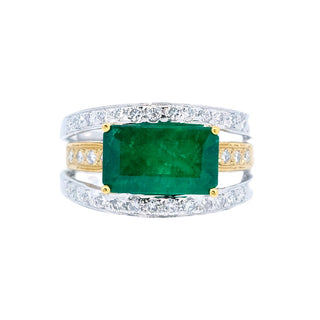 Two Tone East-West Emerald & Pave Diamond Ring