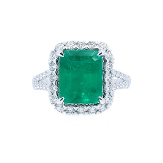 Classic 3.80ct Emerald and Diamond Halo Ring