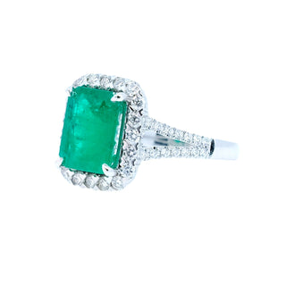 Classic 3.80ct Emerald and Diamond Halo Ring