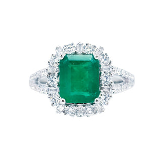 Emerald & Baguette, Round Diamond Halo Ring