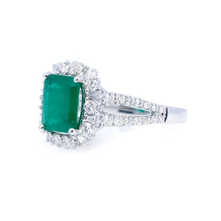 Emerald & Baguette, Round Diamond Halo Ring