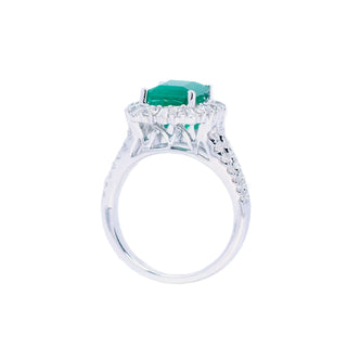 Emerald & Baguette, Round Diamond Halo Ring