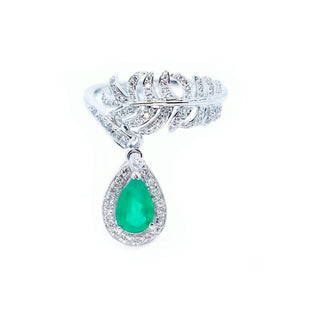 Diamond Feather Emerald Drop Ring